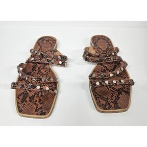 ZBY Brown Snakeskin Studded Strappy Square Toe Flat Sandals Womens 9